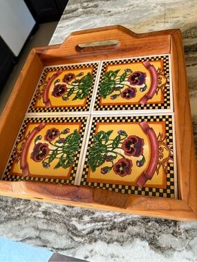 Vintage Wooden Serving Tray with Yellow Floral Tile Inset